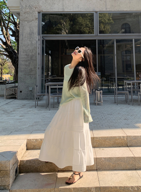 pusumede 法式梦境 白色半身长裙女松紧腰气质蛋糕裙宽松a字伞裙