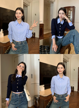 pusumede 时髦玩家 蓝色条纹衬衫女刺绣叠穿衬衣休闲短款气质上衣