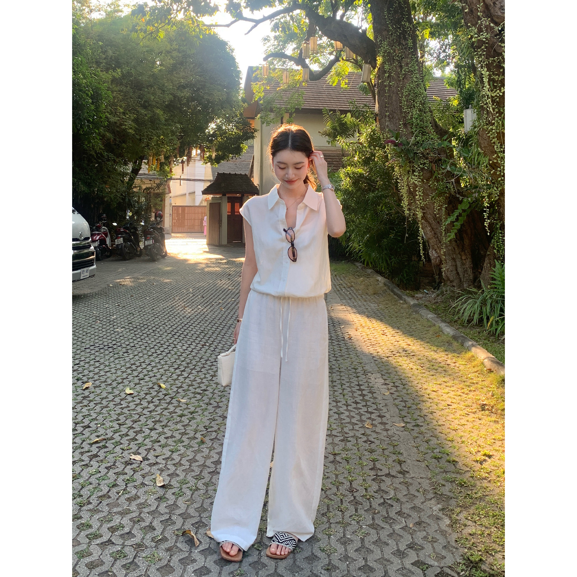 pusumede 经典智性 老钱风莱赛尔亚麻无袖衬衫女阔腿休闲裤套装