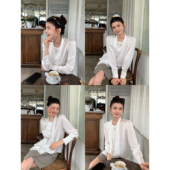 pusumede 上衣 女宽松设计感飘带长袖 垂顺质感 气质圆领醋酸衬衫