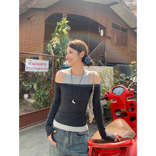 t恤女吊带背心夏设计感上衣 撞色一字肩长袖 pusumede 现货6.5折