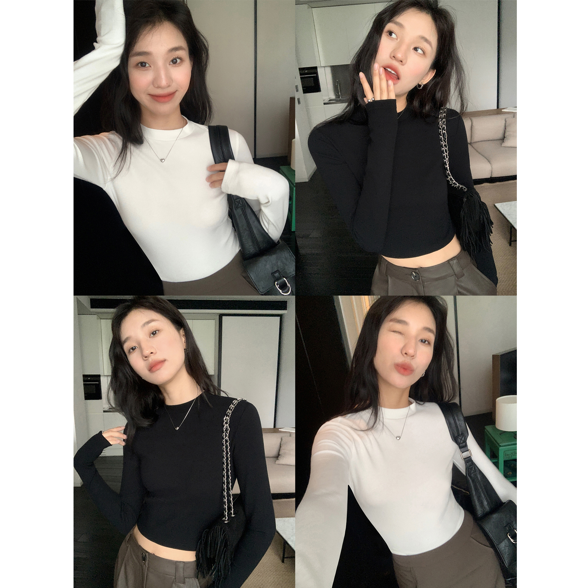 pusumede 白色半高领打底衫女秋季修身长袖T恤百搭针织衫短款上衣