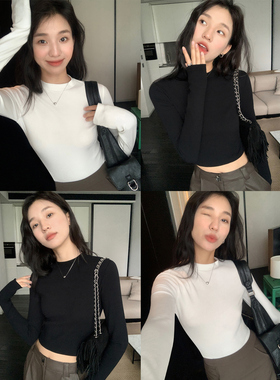 pusumede 白色半高领打底衫女修身显瘦长袖T恤百搭针织衫短款上衣
