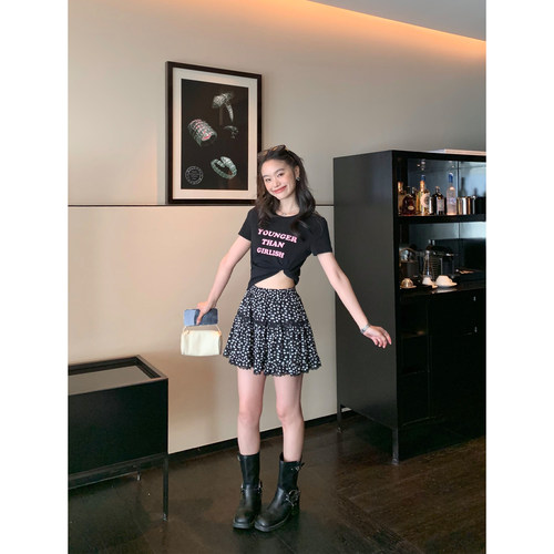 pusumede 甜美碎花半身裙女松紧腰防走光a字蛋糕裙蕾丝花边短裙