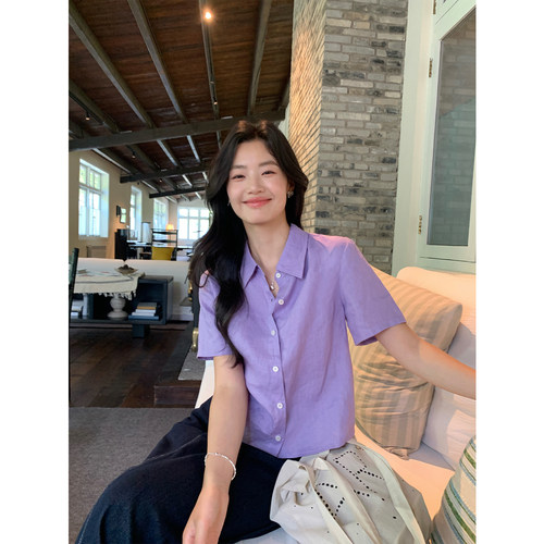 pusumede 轻薄1OO亚麻短袖衬衫女韩系短款宽松休闲衬衣气质上衣