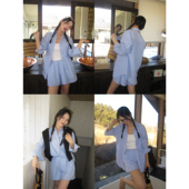 pusumede 宽松休闲衬衣气质上衣 女长袖 现货6折 蓝色条纹衬衫