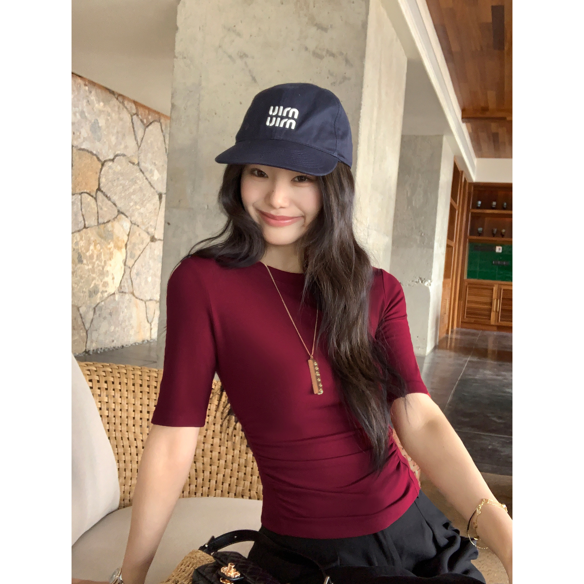 pusumede高智轻氧 经典圆领中袖T恤女气质修身褶皱五分袖针织上衣