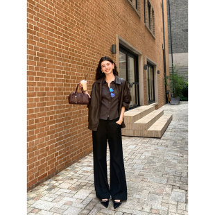 女宽松垂坠感休闲阔腿裤 pusumede 裤 黑色高腰直筒西装 利落有型