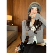 气质假两件V领长袖 开衫 女春秋修身 pusumede 设计感打底针织衫 上衣