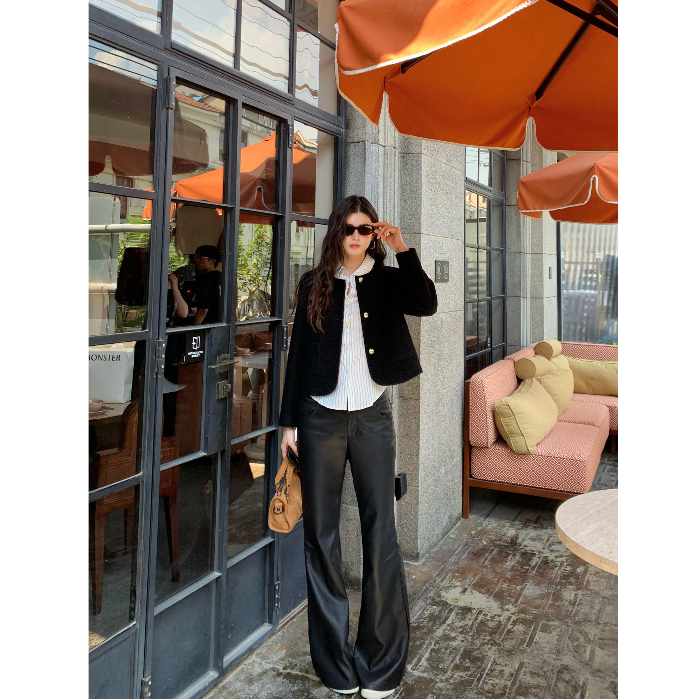 pusumede 都市酷感 复古黑色微喇皮裤女高级感休闲裤复古直筒长裤