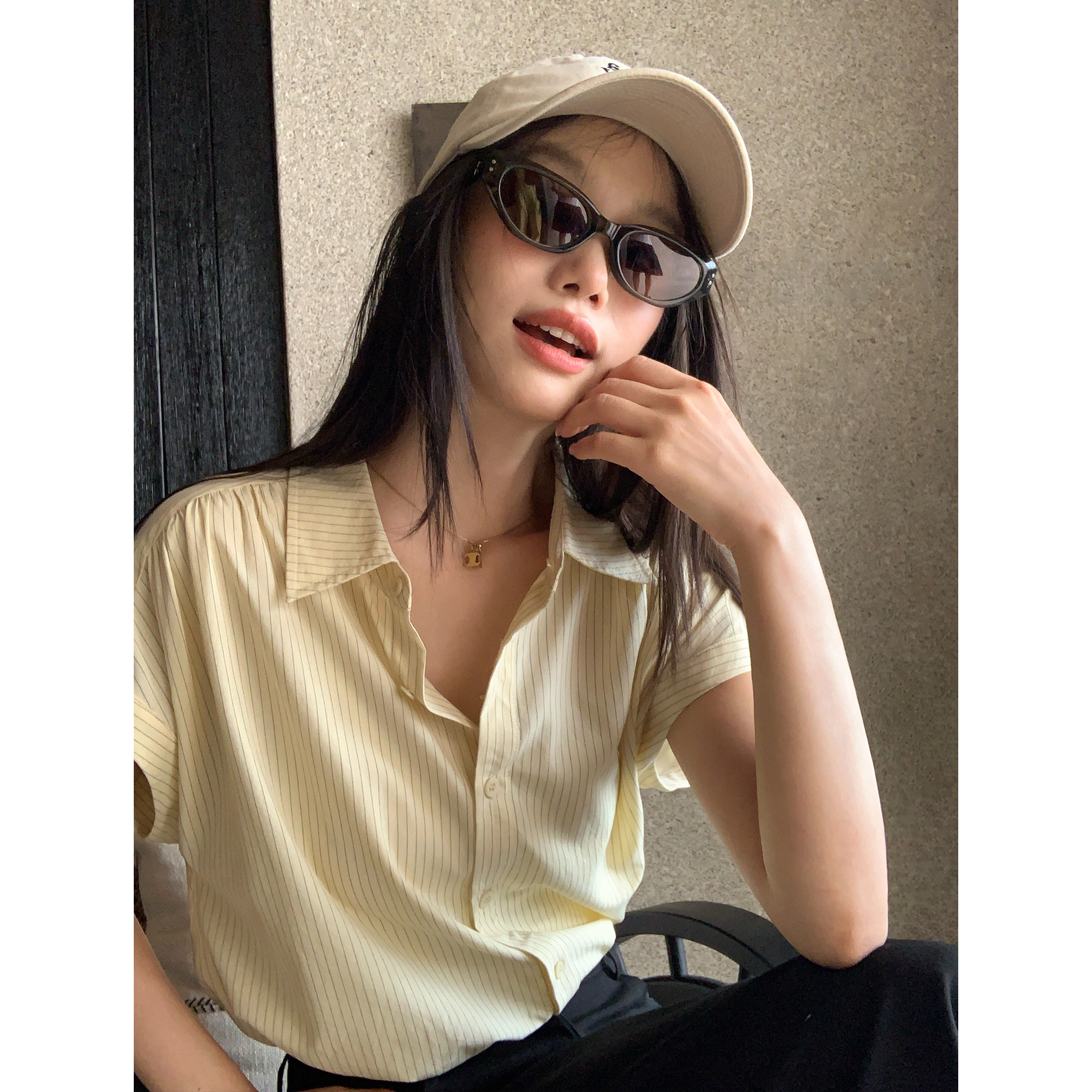 pusumede 松弛契约 条纹短袖衬衫女夏宽松慵懒衬衣气质小飞袖上衣