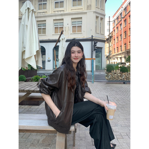 复古翻领PU皮夹克宽松皮衣外套