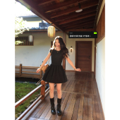 pusumede 短裙 复古气质小飞袖 南国庄园 黑色赫本风连衣裙女夏季