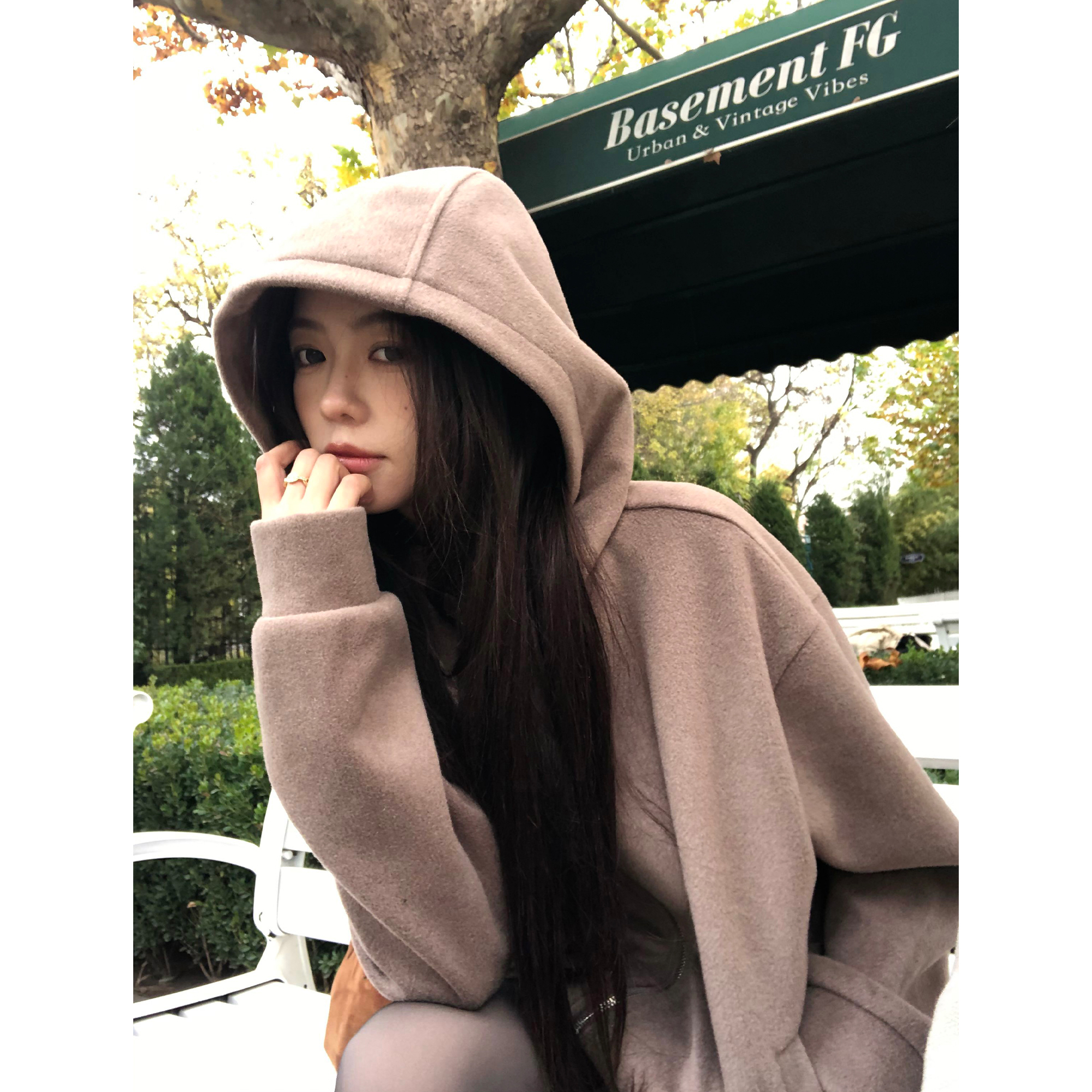 pusumede 慵懒氛围 连帽卫衣外套女气质宽松慵懒风拉链毛呢开衫