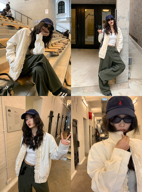 pusumede【现货7折】洋气木耳边翻领外套女宽松拉链开衫夹克上衣