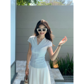 黑色简约v领短袖 小飞袖 t恤女夏季 气质显瘦短款 上衣 修身 pusumede