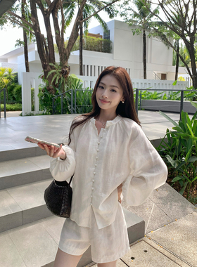 pusumede南法度假风 1OO亚麻轻薄衬衫松弛感上衣女休闲短裤套装