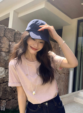 pusumede 精致小圆标 花纱棉针织短袖t恤女气质简约宽松正肩上衣