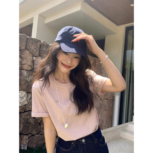 pusumede 精致小圆标 花纱棉针织短袖t恤女气质简约宽松正肩上衣