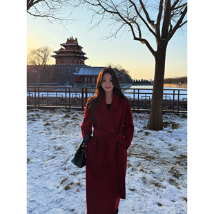 pusumede 精工系列 1OO羊毛双面呢大衣女可拆腰带中长款毛呢外套