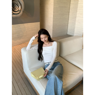 修身 pusumede纯欲天菜 t恤女设计感短款 方领白色长袖 锁骨上衣 法式