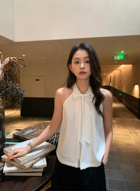 pusumede蝴蝶结绑带黑色挂脖吊带背心女法式气质露肩挖肩无袖上衣