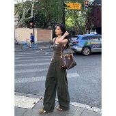 宽松弯刀裤 pusumede 设计感镰刀裤 裤 女军绿色复古工装 阔腿牛仔裤