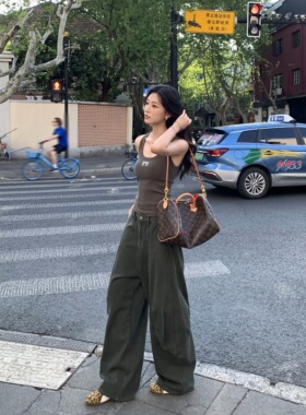 pusumede 设计感镰刀裤阔腿牛仔裤女军绿色复古工装裤宽松弯刀裤