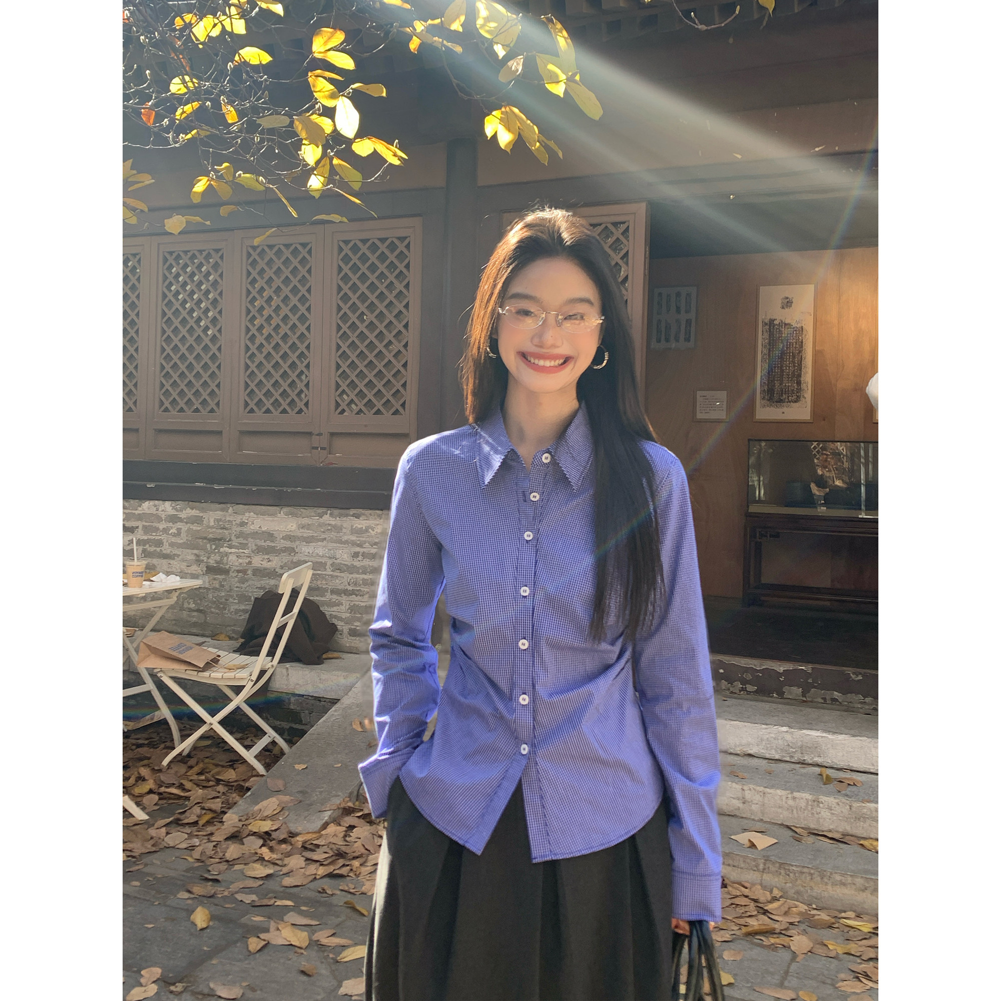 pusumede 高智职场 复古蓝色格纹长袖衬衫女通勤收腰褶皱内搭衬衣