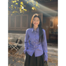 衬衫 复古蓝色格纹长袖 女通勤收腰褶皱内搭衬衣 高智职场 pusumede
