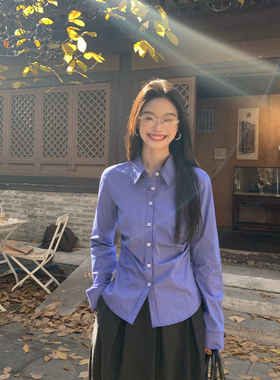 pusumede 高智职场 复古蓝色格纹长袖衬衫女通勤收腰褶皱内搭衬衣