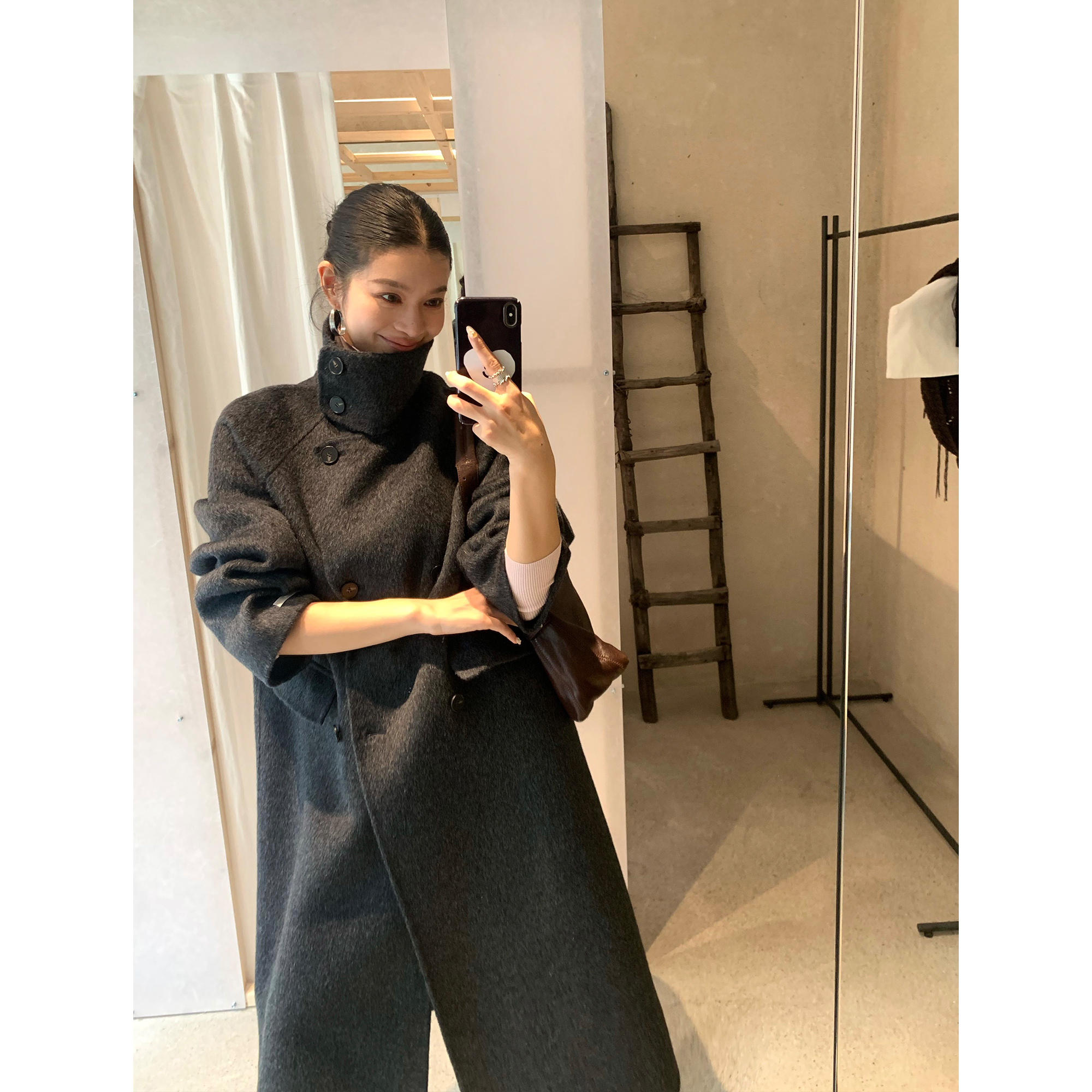 pusumede 时髦录客 奢贵绵羊毛双面呢外套女气质中长款毛呢大衣