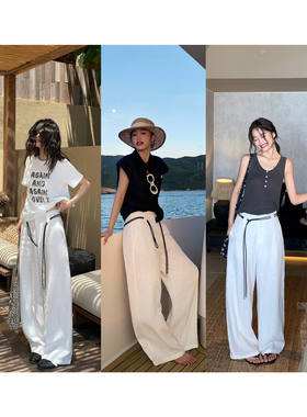 pusumede 配腰带~呼吸感老钱风1OO亚麻休闲裤女宽松直筒阔腿长裤