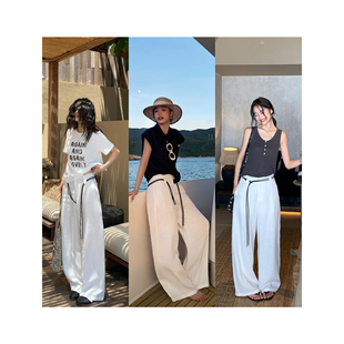 pusumede 配腰带~呼吸感老钱风1OO亚麻休闲裤女宽松直筒阔腿长裤