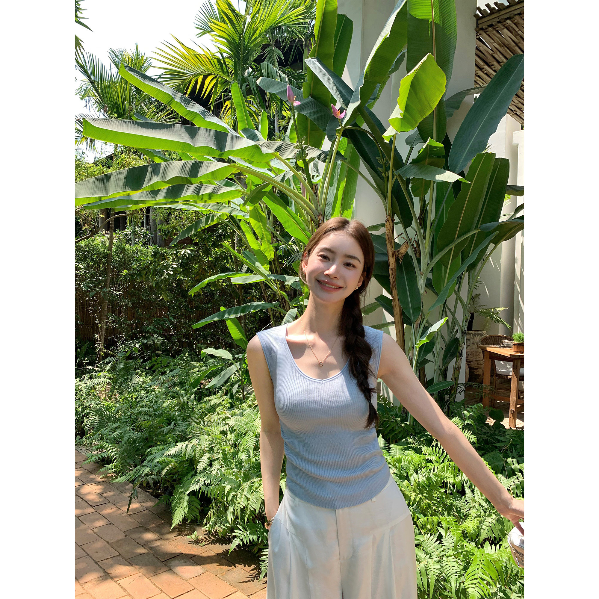 pusumede 4色可选 纯欲感V领针织背心女气质短款褶皱修身弹力上衣