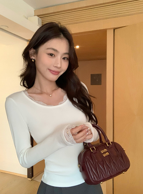 pusumede 心动crush 蕾丝拼接U领打底衫女修身针织长袖T恤上衣