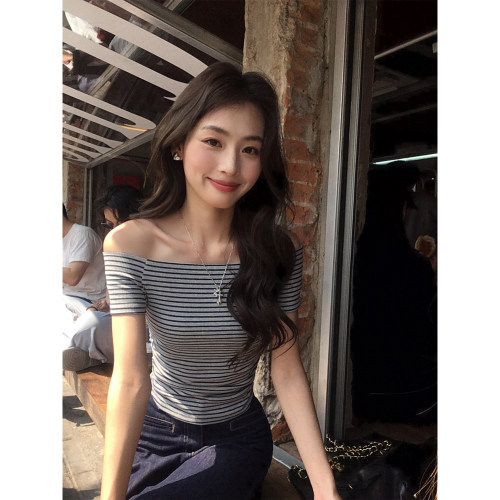 pusumede率性之选 一字肩条纹短袖t恤女收腰修身气质短款针织上衣