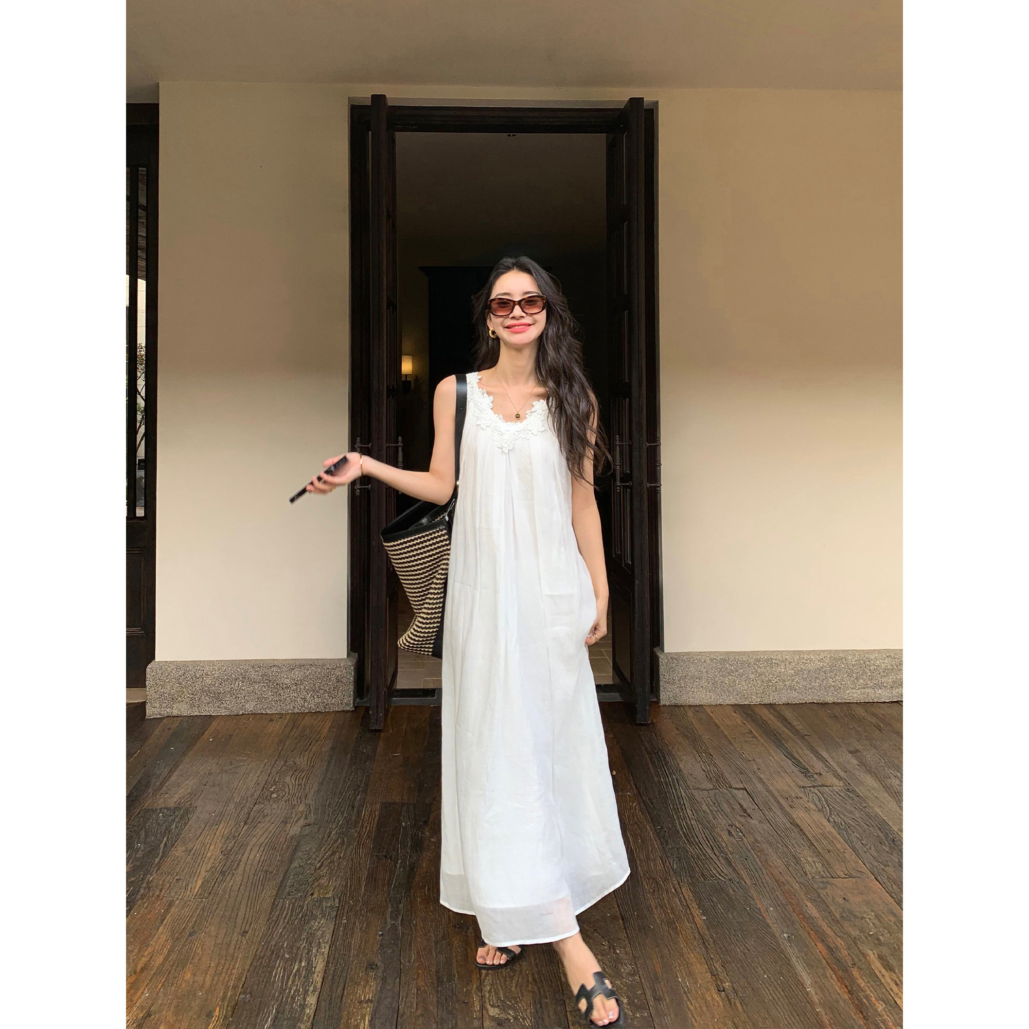 pusumede 浪漫立体花朵无袖连衣裙女v领苎麻背心裙宽松度假风长裙,女装/女士精品,连衣裙,淘宝优惠券,粉丝福利购,淘宝优惠卷