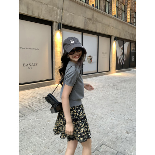pusumede 甜美碎花半身裙女松紧腰防走光a字蛋糕裙蕾丝花边短裙