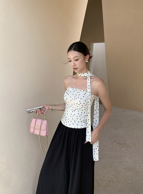 pusumede 时髦辣妹 性感波点抹胸吊带背心女修身气质飘带露肩上衣