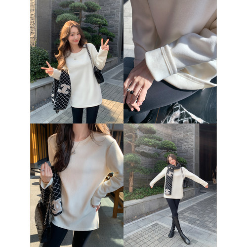 pusumede 淡颜范本 加绒圆领套头长袖针织衫女慵懒宽松中长款上衣