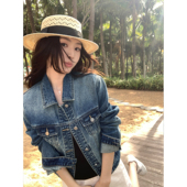 翻领牛仔外套女复古洗水休闲百搭短款 经典 夹克 怀旧唱片 pusumede