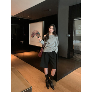 女慵懒宽松休闲阔腿裤 pusumede 五分裤 灰色高腰毛呢西装 不期而遇