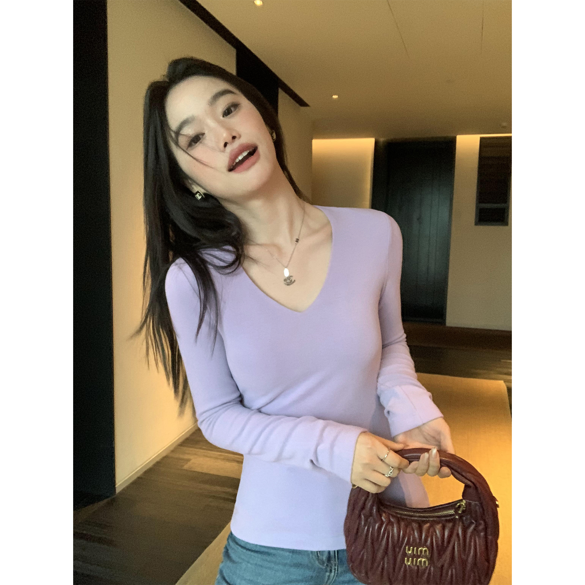 带胸垫打底衫女新款修身显瘦内搭