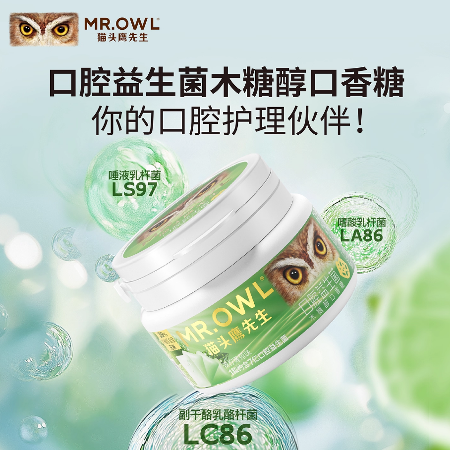 猫头鹰先生彩虹无糖口香糖进口木糖醇罐装口腔洁白接吻糖强薄荷凉