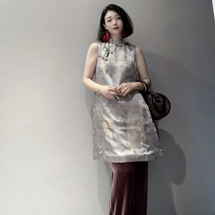 中长款 无袖 清冷灰提花新中式 旗袍裙MD9530 雅韵