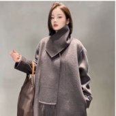 高定羊毛羊驼毛呢围巾领中长款 大衣MC10701