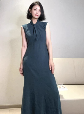 MD8652小众设计淡雅雾蓝色无袖修身鱼尾连衣裙