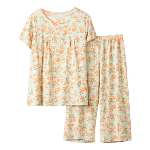 夏季棉绸睡衣人造棉薄款短袖八分裤两件中年套装妈妈可外穿家居服