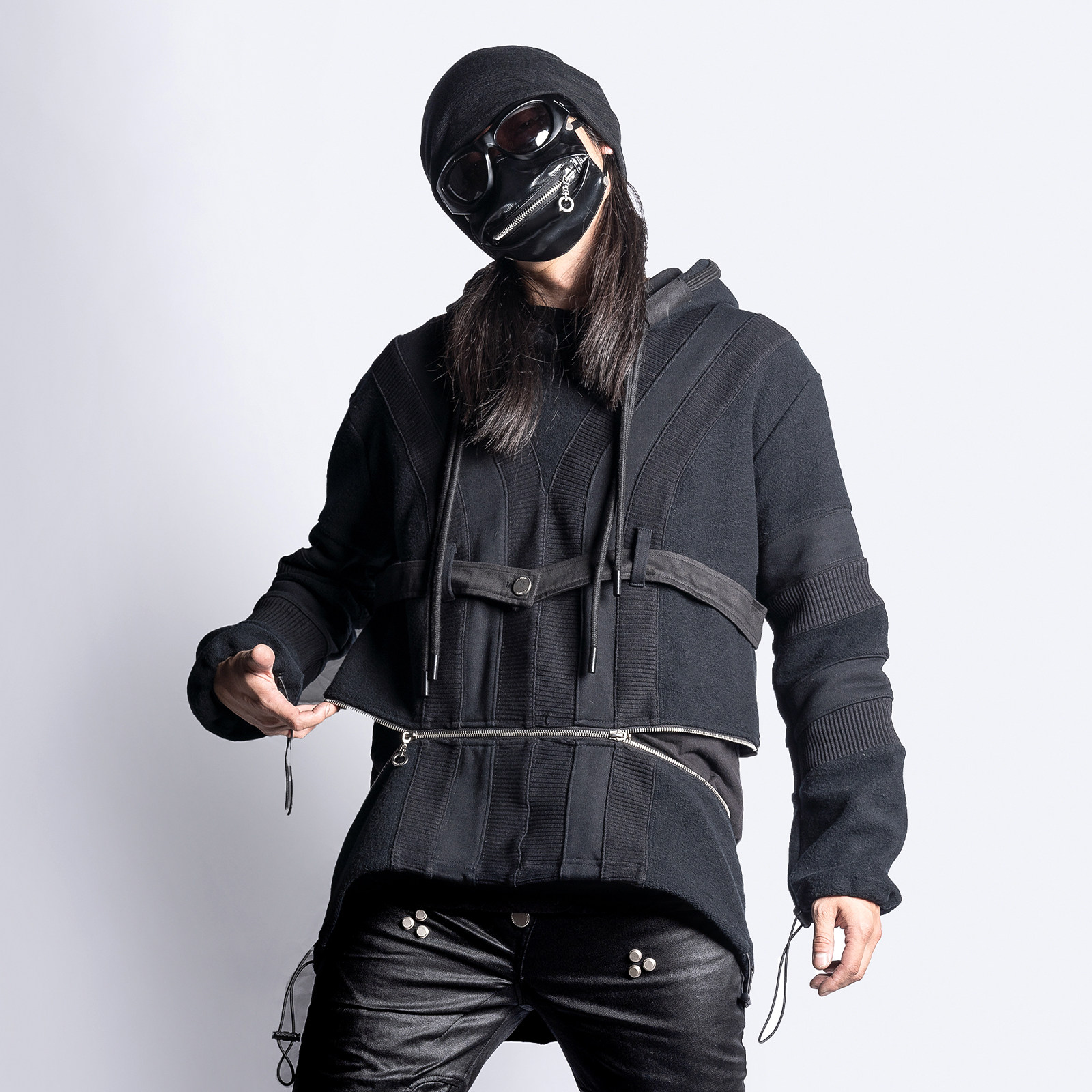 INSIDE OUT 暗黑潮流先锋ins原创螺纹拼接小众拉链黑色连帽卫衣男